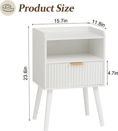 AWASEN White Nightstand, Modern Bedside Table with Fluted Drawers, Small Night Stand Bed Side Table with Solid Wood for Living Room, Bedroom, Office and Small Space (White)