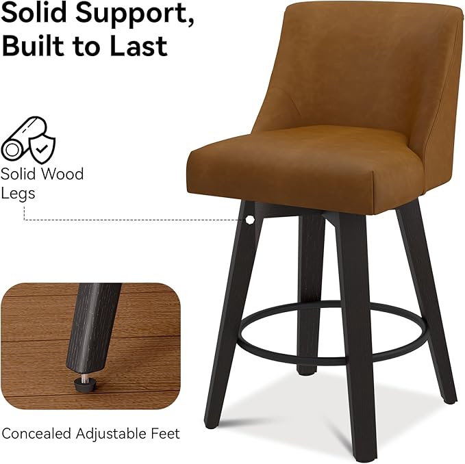 Counter Height Swivel Bar Stools Set of 2, 26 Inch Bar Stools with Footrest, Faux Leather Upholstered Barstools with Back and Solid Wood Legs for Kitchen Island, Dining Room,Pub,Brown