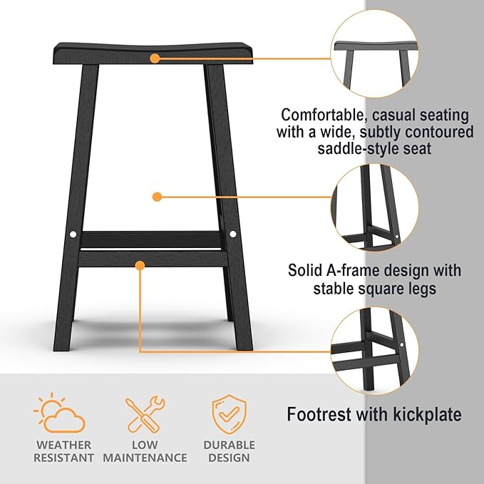 Bar Stools Set of 4, Waterproof UV-Resistant,Durable Resin Kitchen Island Chairs for Indoor & Outdoor Use, Modern Design for Home,Bar,and Cafe (29''Black-4)