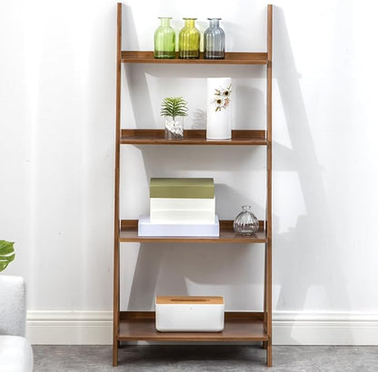 Maydear Bamboo Ladder Shelf Bookcase, 4-Tier Leaning Bookshelf Free Standing Organizer Storage Shelves for Living Room, Bedroom, Kitchen, Home Office, Balcony (Walnut)