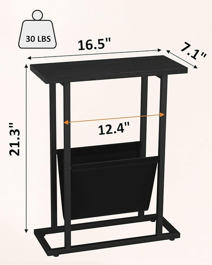 Yusong Narrow Side Table for Small Spaces, Small End Table Set of 2 with Magazine Holder, Skinny Slim Little Thin Table for Living Room, Bedroom, Sofa, Black Oak