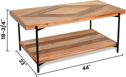 CONSDAN StoneCreek Coffee Table, Solid Fir Wood & Metal Frame, 2-Tier Industrial Farmhouse Table for Living Room/Office, 44" Rectangular Table