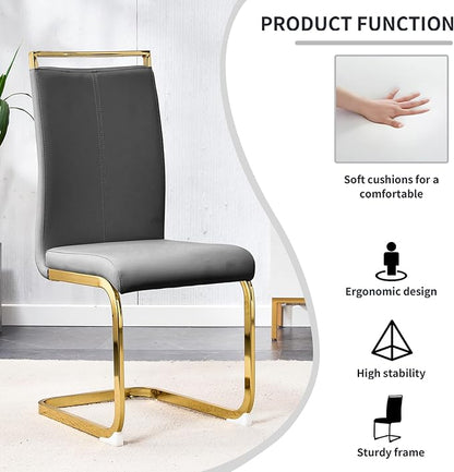 Modern Dining Chairs Set of 4,High Back Grey Kitchen Chairs,Faux Leather Side Chair with Gold Plated Metal Legs,Easy to Clean Upholstered Dining Chairs,Ideal for Living Room(Gold Leg)