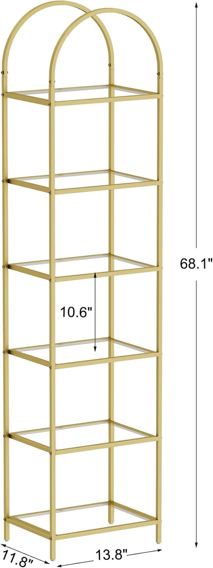 Homhedy Bookshelf Arched Display Racks,Metal Bookcase,Tempered Glass Shelves,Storage Rack Shelf for Home Office,Living Room,Bedroom, Bathroom,Modern Style (Golden, 11.8" D x 13.8" W x 68.1" H)