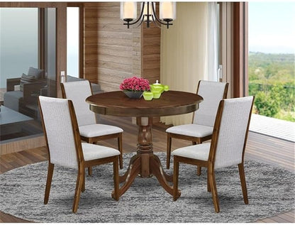 East West Furniture ANLA5-AWA-05 5 Piece Dining Table Set for Small Spaces Contains a Round Kitchen Table with Pedestal and 4 Parson Chairs, 36x36 Inch, Antique Walnut