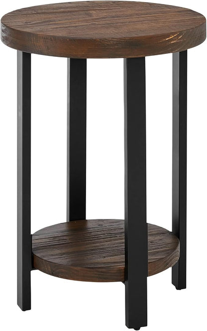 Pomona 20 in. Round End Table with 2 Shelves, Solid Wood Top, Metal Legs, Rustic Natural Brown Finish - Living Room Furniture
