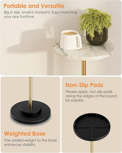 Round Side Table, Small Drink Table for Small Spaces, Modern Accent End Table Coffee Table with Metal Leg for Living Room, Bedroom, Corners, and Office (Marble)