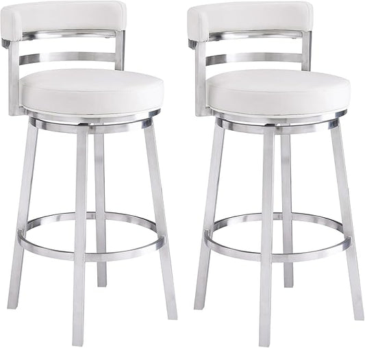 Armen Living Madrid 30" Seat Height Swivel White Faux Leather and Brushed Stainless Steel Bar Stool for Kitchen Island Counter, Set of 2