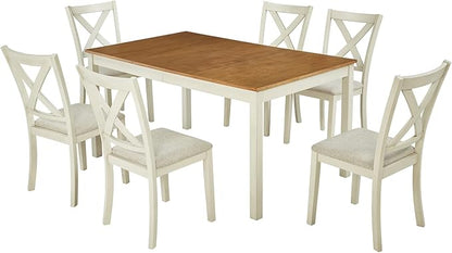 7-Piece Farmhouse Solid Wood Dining Table Set with 6 Chairs, 60" Rectangular Dining Table & Chair Set for 6 People, Dining Table with Wood Legs, Table Set for Dining room, Kitchen, Rustic Cream