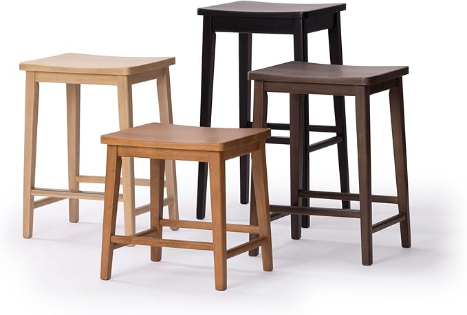 Plank+Beam Smythe Bar Stool, 30", Set of 4, Sturdy Wood Modern Kitchen Bar Height Stool, Saddle Seat Backless Bar Chair, Metal Footrest, Pecan