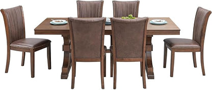 KEIKI Retro 7-Piece Wooden Dining Table Set for 6 Person, Mid-Century Style Table Set with Rectangular MDF Table and 6 Faux Leather Upholstered Chair, Easy Assembly, for Kitchen, Dining Room, Oak