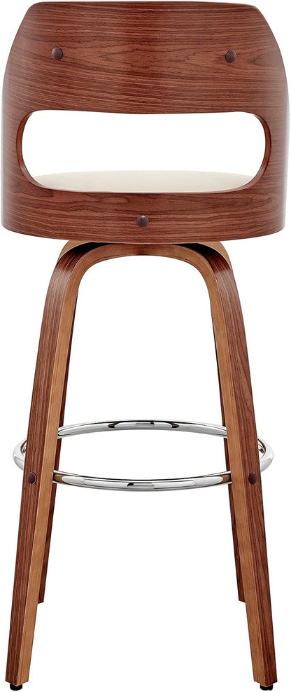 Armen Living Julius Mid Century Modern Swivel Bar Stool for Kitchen Island Counter in Cream Faux Leather and Walnut Wood, 26" Seat Height