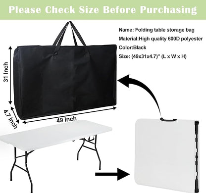 4/6/ 8 Foot Folding Table Storage Bag, Waterproof Heavy Duty Large Carrying Bag for Folding Tables, Picnic/Camp Tables Cover with Durable Zipper & Shoulder Strap, 31" D X 49" W X4.7 H, Black