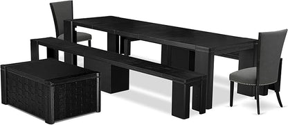 X02VE-2C6-50 - 6-pc Dining Table Set a Kitchen Table with a coffee Table and 2 wooden Benches and 2 Dark Gotham Grey Linen Fabric Chairs, 39x120 Inch, Wire Brushed Black