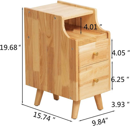 Small Nightstand, Narrow Nightstand, Solid Slim Wood Night Stand for Small Spaces, Couch, Nature Color 9.84in Wide