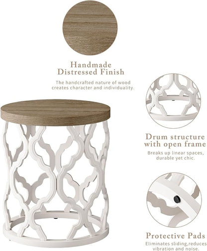 Farmhouse End Table, 18.5'' French Country Round Side Table, Wood Top Side Table with Curved Motif Frame Base for Boho, End Tables Living Room, Bedroom, Small Space, Easy Assembly