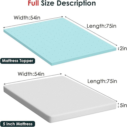 FDW | 5" Full Mattress + 2" Cooling Mattress Topper | Gel Memory Foam | Medium Firm Feel | White | with Washable Cover for Cool Sleep and Pressure Relief | Bed in a Box, CertiPUR-US Certified