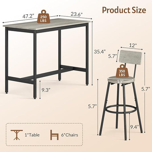 Rovibek Dining Table Set for 6, Bar Table and Chairs Set, Modern 6 Piece High Top Table and Chairs, Industrial Bar Height Pub Tables for Kitchen, Dining Room, Grey