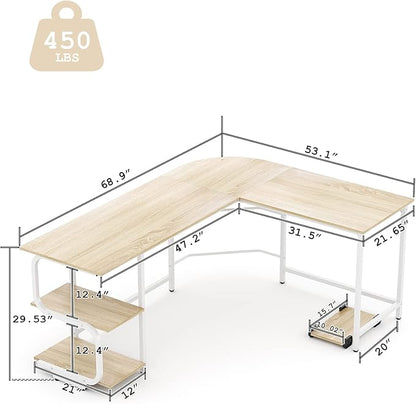 Teraves Reversible L Shaped Desk with Large Surface, 69 Inch Sturdy Corner Desk with Storage Shelves, Premium Office Computer Desk Workstation for Home Office Gaming