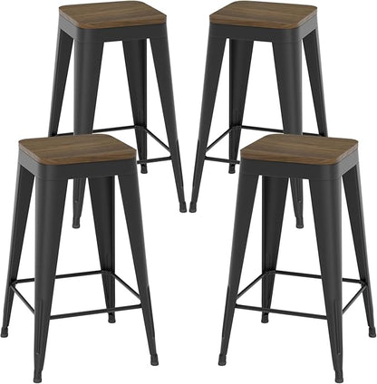 26 inch Backless Bar Stools Set of 4, Indoor Metal Bar Stools with Wood Seat, Industrial Counter Height Barstools for Kitchen Island, Black