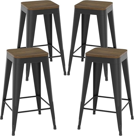 30 inch Backless Bar Stools Set of 4, Indoor Metal Bar Stools with Wood Seat, Industrial Counter Height Barstools for Kitchen Island, Black