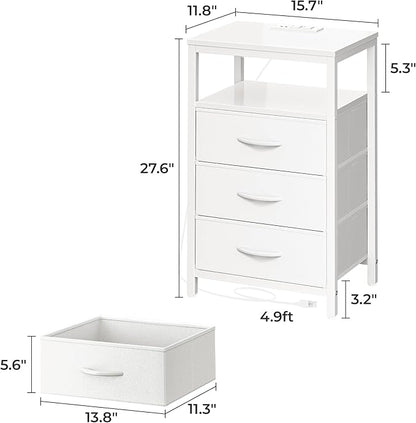 Huuger Nightstands Set of 2, 27.6 Inch End Tables with Charging Station, Bedside Tables with Drawers, PU Leather Finish, USB Port and Outlet, Night Stands for Bedroom, White