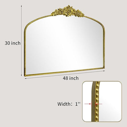 Antique Gold Arch Wall Mirror, 48"x30" Traditional Vintage Mantel Mirror with Ornate Metal Frame, Baroque Victorian Mirror for Fireplace/Entryway/Bathroom/Living Room/Dining Room