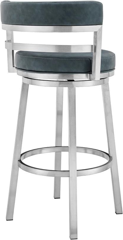 Armen Living Titana 26" Counter Height Swivel Blue Faux Leather and Brushed Stainless Steel Bar Stool