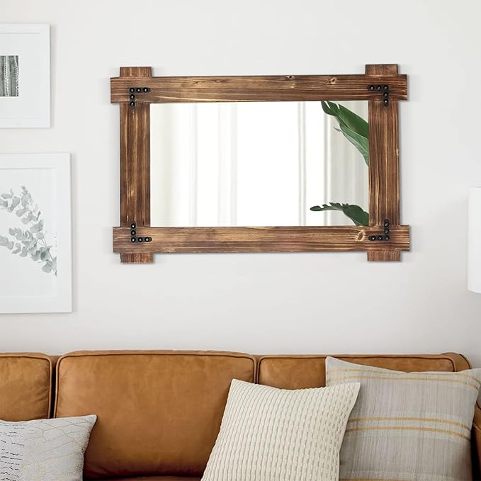 MeMoreCool Rustic Wooden Framed Wall Mirror, Farmhouse Decorative Vanity Mirror, Wall Mounted Rectangular Mirror for Bathroom, Bedroom, or Living Room, 40x28 Inches