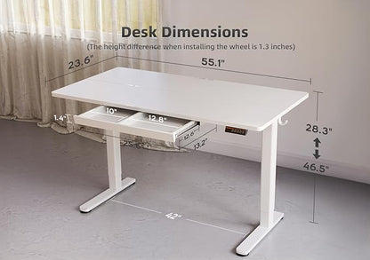 YDN Standing Desk with Drawers, 55 x 24 Inch White Standing Desks Electric Adjustable Height Desk for Computer Workstations, White