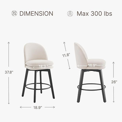 Counter Height Barstools 26 inch Upholstered Swivel Bar Stools with Back and Wood Legs for Kitchen Island,Set of 1,Beige Fabric-Armless