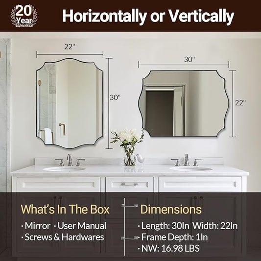 ANDY STAR Brushed Nickel Mirror, 22x30 Inch Silver Bathroom Vanity Mirror, Anti-Rust Stainless Steel 1" Frame, Unique Rectangular Mirror Ideal for Bathroom, Powder Room