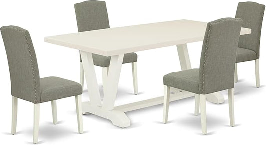East West Furniture V027EN206-5 5 Piece Kitchen Table & Chairs Set Includes a Rectangle Dining Room Table with V-Legs and 4 Dark Shitake Linen Fabric Parsons Chairs, 40x72 Inch, Multi-Color