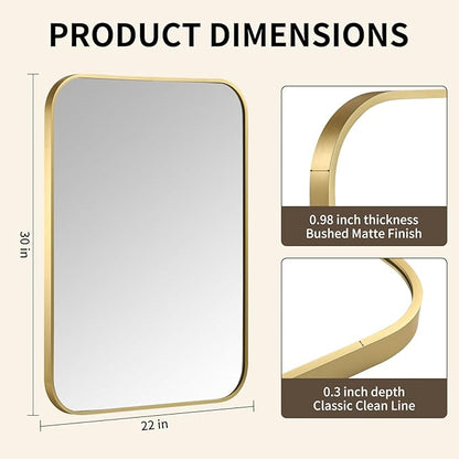 Gold Bathroom Mirror, 24x32 Inch Aluminum Frame Rectangle Mirror, Anti-Rust, Tempered Glass, Wall Mirror for Over Sink, Vanity, Bedroom, Entryway, Horizontal/Vertical