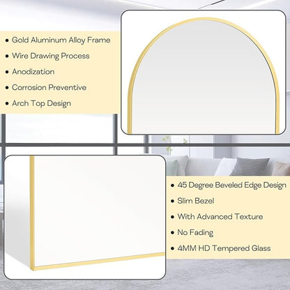 28" x 36" Gold Arched mirror, Large Arch Bathroom Vanity Wall Mirror, Modern Aluminum Alloy Metal Frame Arch Mirror for Bathroom, Living Room, Bedroom, Entryway, Tempered Glass, Shatter Proof