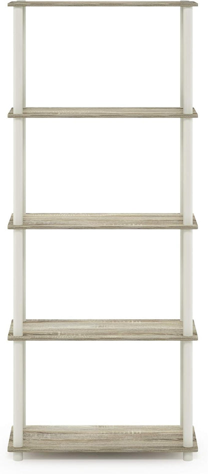 Furinno Turn-N-Tube 5-Tier Multipurpose Shelf / Display Rack / Storage Shelf / Bookshelf, Round Tubes, Sonoma Oak/White