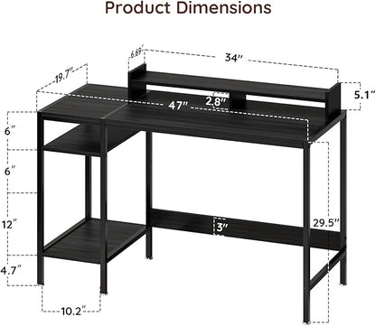 Computer Gaming Desk with Monitor Stand, Home Office Desk Suitable for 2 Monitors, Writing Desk with Adjustable Storage Space,Sturdy and Durable Modern Small Desk (Black, 47 inchs)