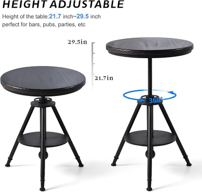 Industrial Vintage Cafe Farmhouse Dining Table - Rustic Round Wooden Top, Height Adjustable 21-29in
