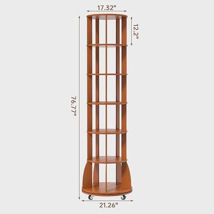 6 Tier Rotating Bookshelf with Locking Casters, 360° Spinning Vertical Bookcase, Revolving Floor Standing Organizer for Small Spaces, Corner, Living Room, Bedroom, Rustic Brown