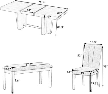 Ball & Cast 6 Piece Farmhouse Dining Table Set with Extendable Table,4 Upholstered Chairs & 1 Bench,Wooden Kitchen Table Set of 6,Backrest Chair with Table & Upholstery-Bench,for Dining Room,Gray