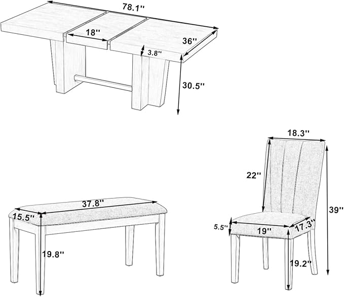 Ball & Cast 6 Piece Farmhouse Dining Table Set with Extendable Table,4 Upholstered Chairs & 1 Bench,Wooden Kitchen Table Set of 6,Backrest Chair with Table & Upholstery-Bench,for Dining Room,Natural