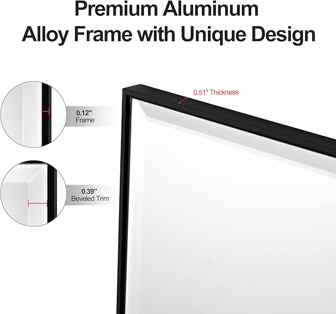 30x48 Inch Black Mirror with Beveled Trim, Aluminum Frame Bathroom Vanity Mirror, Copper-Free Mirror, Rectangle Wall Mounted Mirror, Modern Rectangular Mirror Horizontal or Vertical