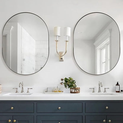ANDY STAR Brushed Nickel Mirror Bathroom, 30x40 Inch Oval Mirrors for Bathroom, Nickel Pill Shaped Mirror in Premium Stainless Steel Metal Frame Wall-Mounted Mirror 1”Deep Hangs Horizontal/Vertical