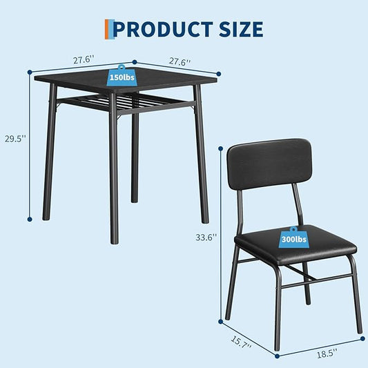 GarveeHome Dining Table for 2 with Storage Rack, Small Kitchen Table for 2 with Metal Frame, Square Table with Upholstered Chairs Set of 2, 3-Piece Dining Room Set for Small Space, Apartment, Black
