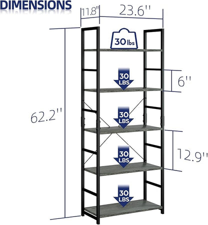 NUMENN 5 Tier Bookshelf, Tall Bookcase Shelf Storage Organizer, Modern Book Shelf for Bedroom, Living Room and Home Office, Dark Grey