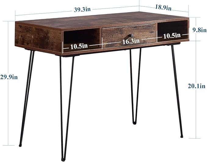 VECELO 39.3" Home Office Work Table with Drawers,Computer Desk with Hairpin Legs for Writing/Study,Rustic Brown
