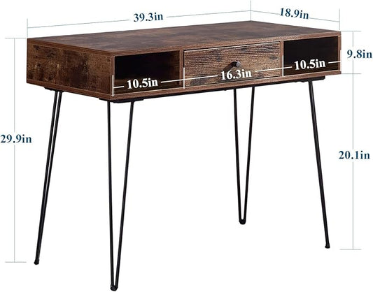 VECELO 39.3" Home Office Work Table with Drawers,Computer Desk with Hairpin Legs for Writing/Study,Rustic Brown