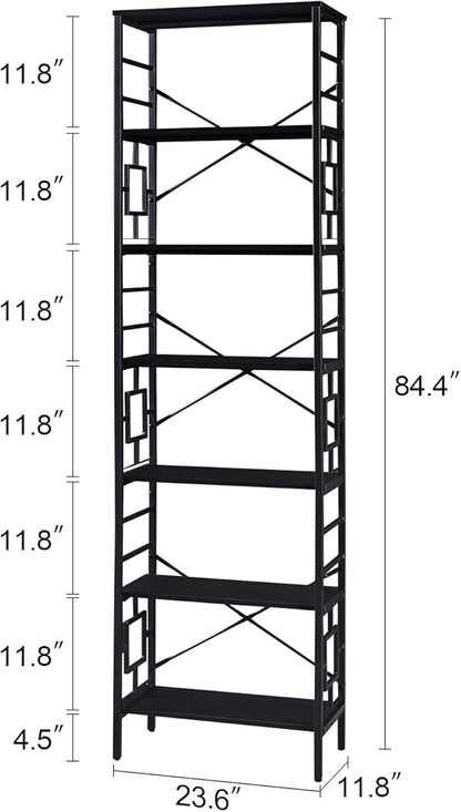 HOMISSUE Tall Bookshelf, 84 Inch Industrial Bookshelf with Metal Frame and Open Shelves, 7 Tier Metal Bookshelves and Bookcases, Rustic Tall Book Shelf for Office, Living Room and Bedroom, Black
