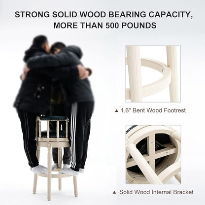 Cow top Leather Wooden Bar Stools, 360 Degree Swivel Bar Height Chair with Backs for Home Kitchen Counter, Morden Chair Barstools (Ivory Wood 1pc-Blue Seat, Counter Height-Seat Height 26”)