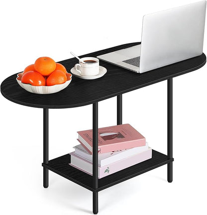 Black Coffee Table for Living Room, 2-Tier Small Oval Center Table, Mid Century Farmhouse Round Tea Table with Storage Shelf for Small Space, Home Office, Living Room
